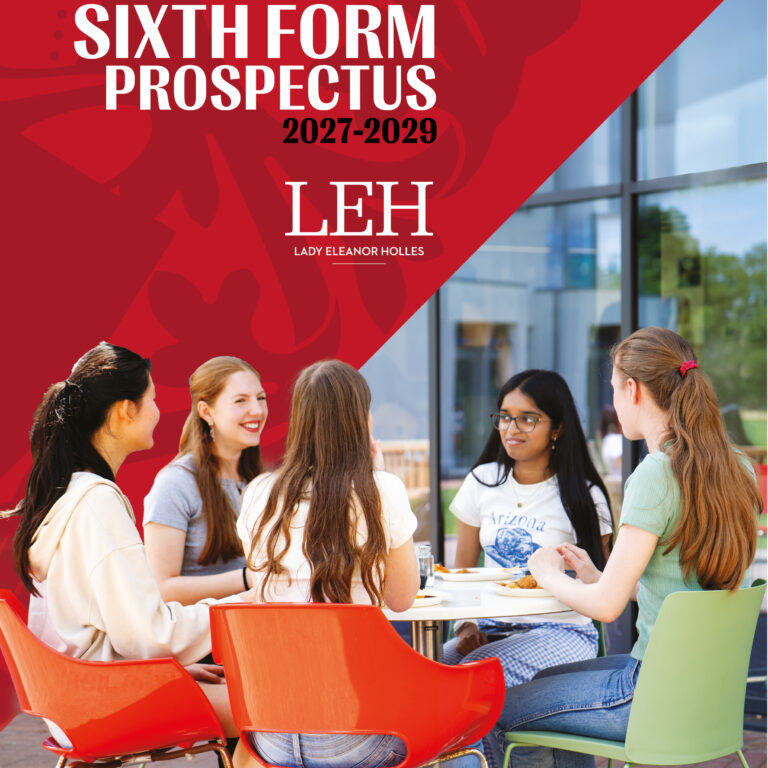 Group of students seated around a table outdoors, with a red promotional banner reading 'Sixth Form Prospectus 2027-2029' and 'LEH' (Lady Eleanor Holles).