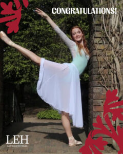 Ballerina in a pale blue dress performs an arabesque beside a brick wall with a 'CONGRATULATIONS!' overlay above her head.