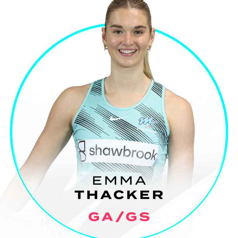 Portrait of Emma Thacker in a light-blue netball jersey with shawbrook logo, smiling, holding a Gilbert netball against a bright cyan background.