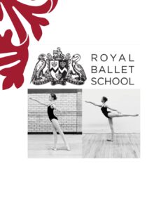 Royal Ballet School logo with crest under two side-by-side black-and-white photos of a ballerina at the barre practicing positions like arabesque.