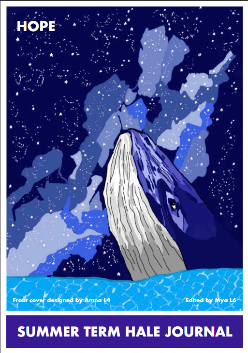 Whale breaching from blue water beneath a starry night sky, with the word HOPE in the corner and a purple title panel reading 'SUMMER TERM HALE JOURNAL' at the bottom.