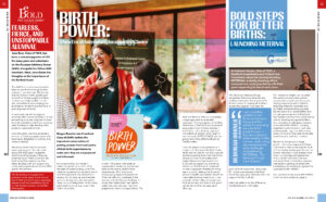 Wide magazine spread with bold headlines and colorful panels; central photo shows women laughing at an event, surrounded by red/blue editorial blocks.