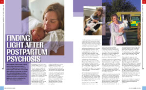 Two-page magazine spread about postpartum psychosis, showing a mother cradling her newborn with a lavender color scheme and a hospital/ambulance in the background.