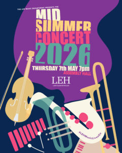 Vibrant concert poster for LEH's Mid-Summer Concert 2026 featuring colorful guitars and instruments on a purple background.