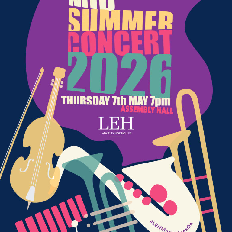 Vibrant concert poster for LEH's Mid-Summer Concert 2026 featuring colorful guitars and instruments on a purple background.