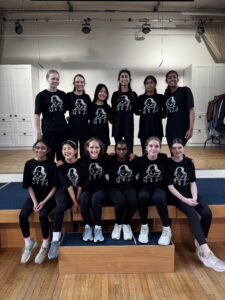 Group of girls in matching black t-shirts with white line-art designs posing on a stage in a studio, two rows of smiling teammates.