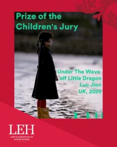 Poster for a LEH prize: a girl in a black coat and yellow boots stands by the water, teal text reads 'Prize of the Children's Jury' and details of the work.