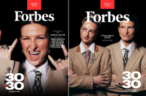 Forbes special issue cover with two portraits, black background, '30 Under 30' and 'Class of 2026' text.