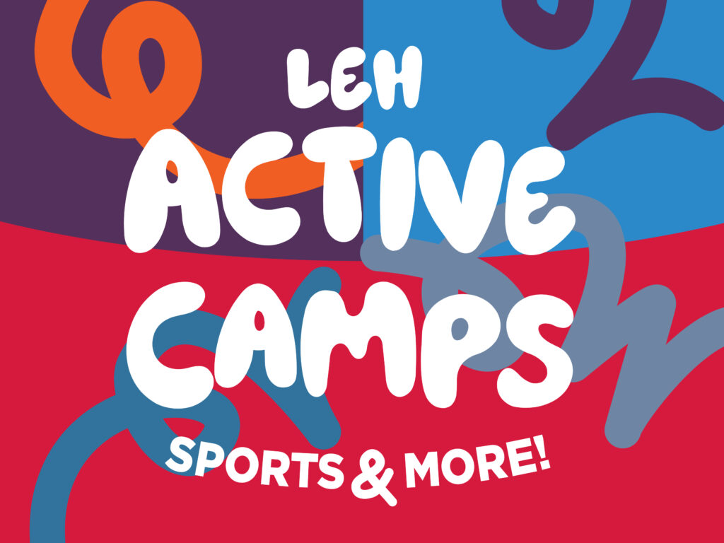 Colorful abstract banner with large white text reading 'Learn More' and 'Sports & More' on red/blue shapes.