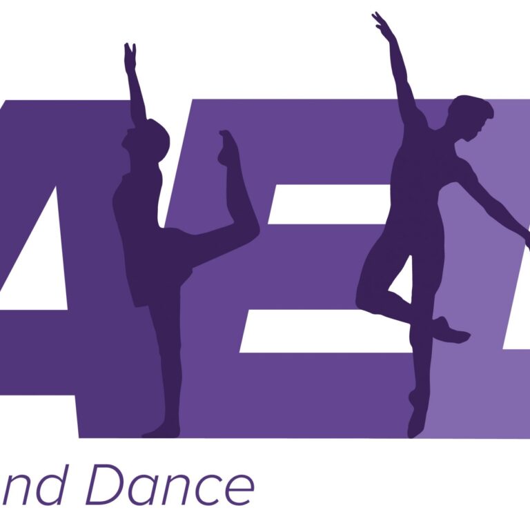 All England Dance logo featuring large purple letters with two dancer silhouettes mid‑air on top.