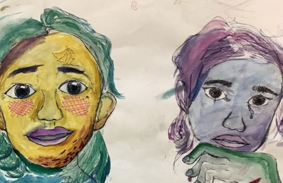 Two side-by-side crayon portraits on paper; left figure has yellow skin, green hair, rosy cheeks and purple lips, right figure with blue-gray skin and purple hair.