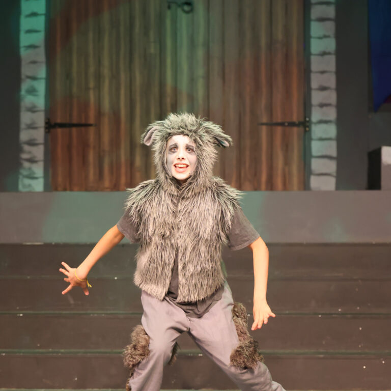 Child in a fluffy gray wolf costume with ears performing on a theater stage, arms outstretched and smiling
