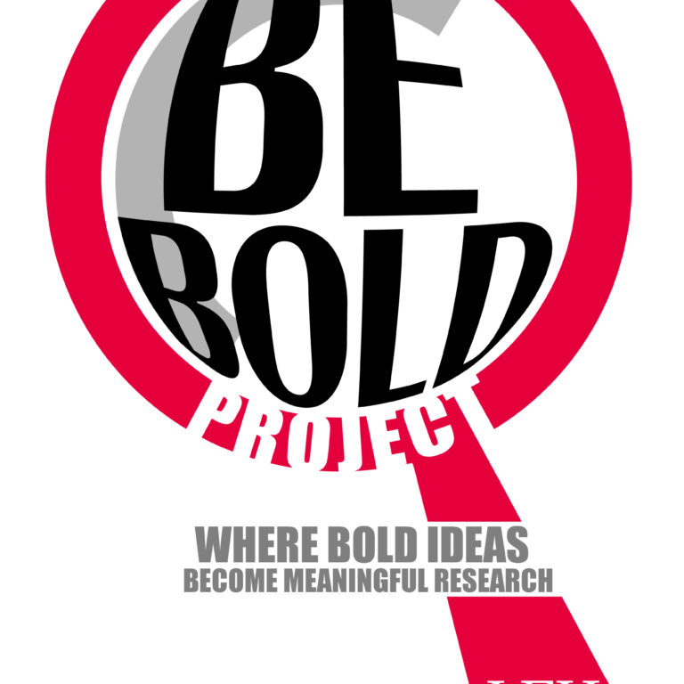 Be Bold Project logo: red circular ring with bold black BE BOLD text and the motto 'Where bold ideas become meaningful research'; LEH badge visible.