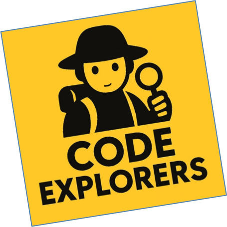 Logo for Code Explorers featuring a stylized explorer figure with a magnifying glass on a yellow square background, text 'CODE EXPLORERS' beneath.