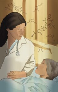 Female doctor in a white coat comforts a child patient in bed, with molecular diagrams on a yellow wall behind them.
