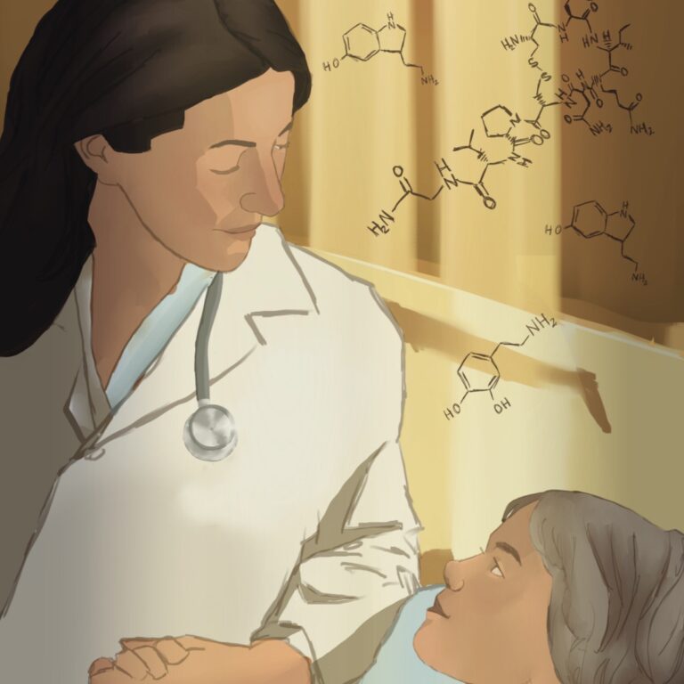 Female doctor in a white coat comforts a child patient in bed, with molecular diagrams on a yellow wall behind them.