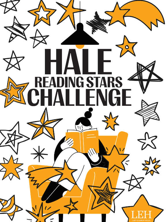 Poster announcing Hale Reading Stars Challenge with a person reading on an orange chair among stars, LEH logo visible