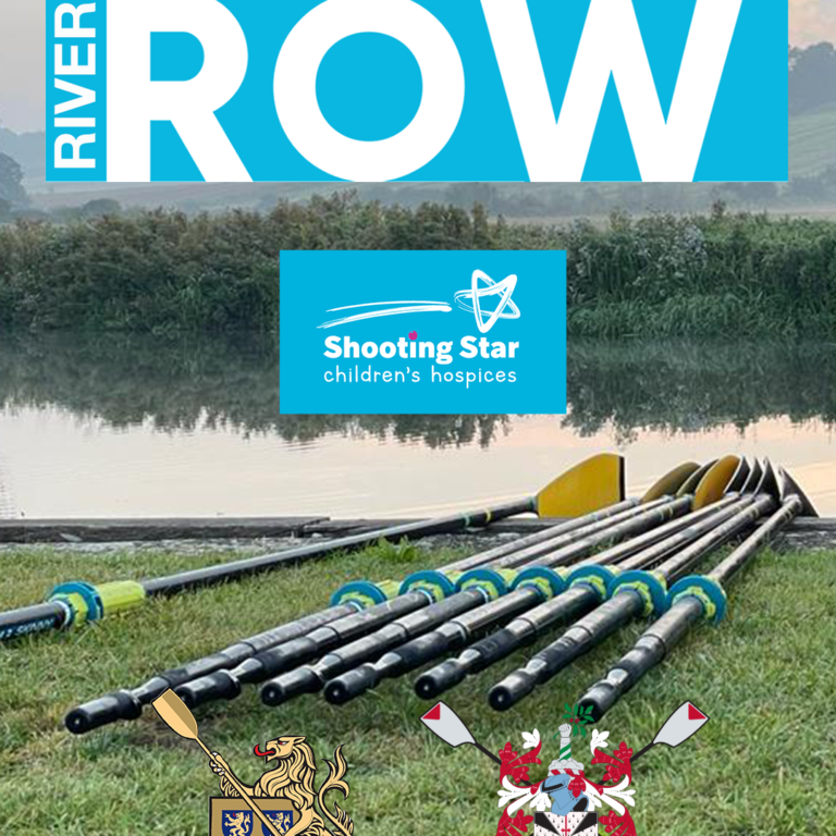 Collage advertising an 80-mile row fundraiser: large blue ‘ROW’ text, Shooting Star logo, rowboat oars on grass by a lake, and two heraldic crests below.