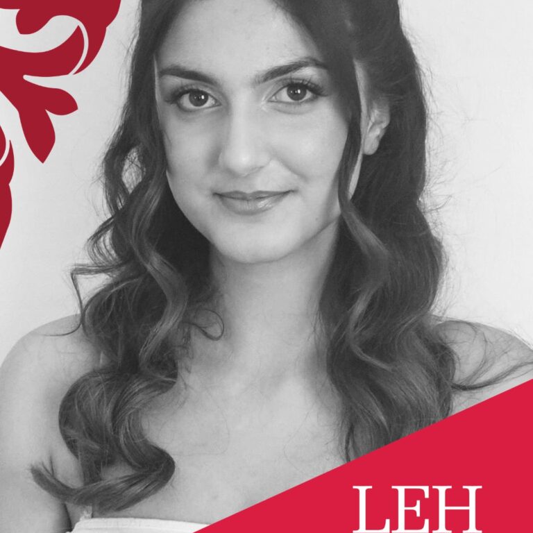 Black-and-white portrait of a young woman with wavy hair, over a red diagonal badge reading LEH, Lady Eleanor Holles.