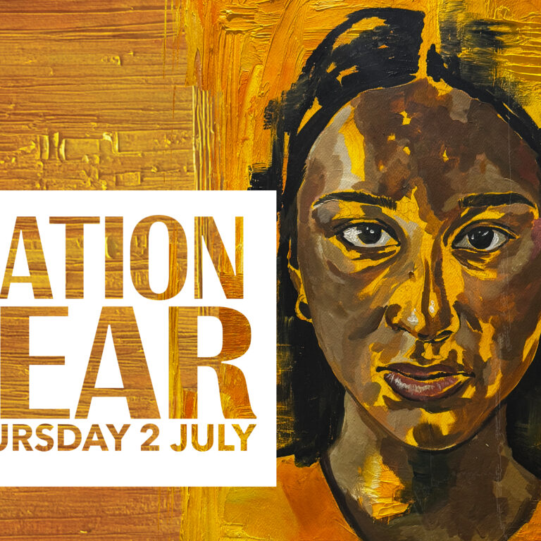 Event poster featuring a close-up portrait of a Black woman in orange tones, with bold text reading 'Celebration of the Year 2026' and date 'Thursday 2 July'.
