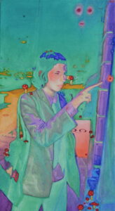 Surreal painting of a person in a suit pointing at a wall, with red mushrooms along the edges in a teal, neon-colored scene.