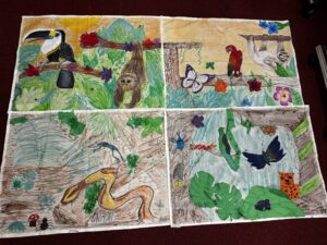 Colorful two-page children's nature collage with animals (parrot/toucan, snake, butterflies) and lush tropical plants on spread of drawings.