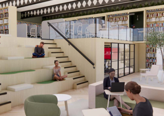 People using laptops in a modern multilevel coworking lounge with tiered seating and bookshelves.