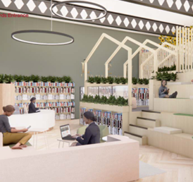 Modern library interior with tiered seating, a curved front desk, bookshelves, and a mezzanine above, with people reading and working.