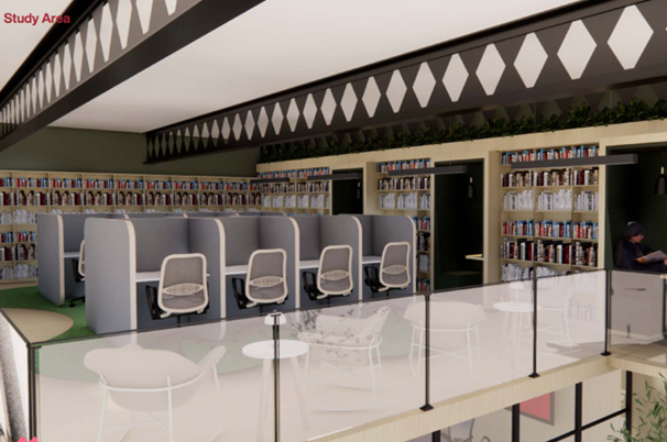 Modern library mezzanine study area with semi-private cubicles, white chairs, glass railing, and tall bookshelves.